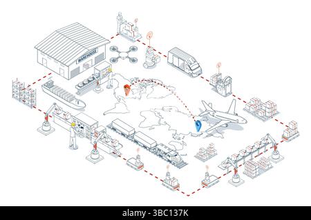 Global logistics network. 3D isometric scenes showing export-import operations via air, road, rail, and cargo services. Stock Vector