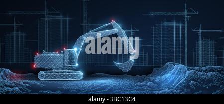Digital construction site sketch with excavator. Building 3D Printing, Building Information Modeling Stock Vector