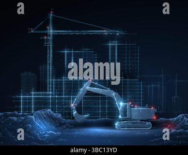 Digital construction site sketch with excavator. Building 3D Printing, Building Information Modeling Stock Vector