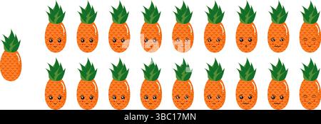 Cute fruit and vegetable emoji set with pineapple for web and cartoon character purposes. Stock Vector