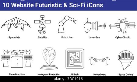 10 website Futuristic and Science Fiction icons set Stock Vector