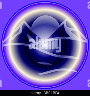 Mountain Travel Icon – Abstract Glowing Peaks in a Futuristic Globe Stock Vector