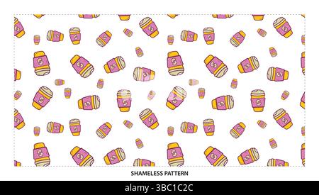 Cute Cartoon Coffee Cup with Heart Seamless Pattern for Cafe Designs Stock Vector