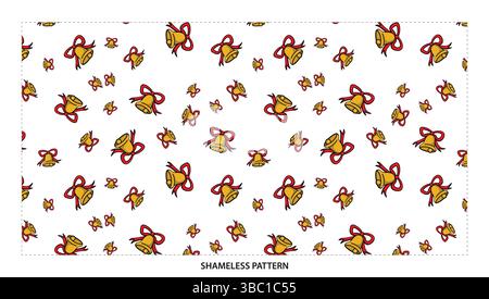 Cheerful Gold Christmas Bell with Red Bow Seamless Pattern Design Stock Vector