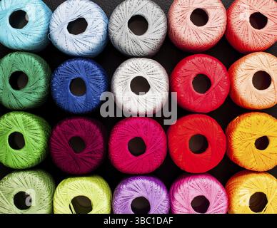 Colored balls of yarn. View from above, rainbow colors. All colors Stock Photo