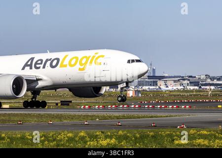 Fraport Airport in Frankfurt am Main. Cargo aircraft taking off. Aircraft registration number: D-AALG, AeroLogic, Boeing 777F. Frankfurt am Main, Hess Stock Photo