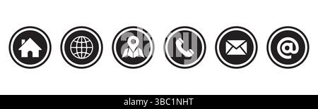 Black and White Contact Icon Set – Home, Web, Location, Phone, Email, At Stock Vector