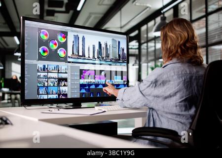 Creative Woman Edits Video Production And PC Picture Using Computer. Stock Photo