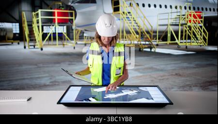 Skilled Engineer Developing 3D CAD Models For Aircraft Manufacturing Company. Stock Photo