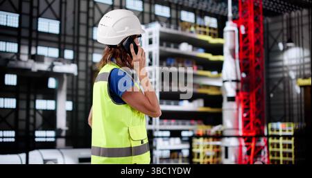 Female Engineer Making Important Phone Call Inside Manufacturing Plant Facility. Stock Photo
