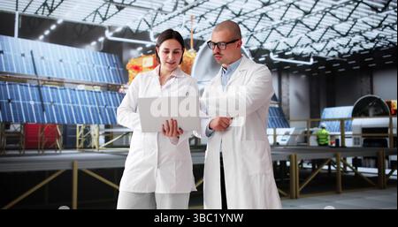 Innovative Aerospace Engineer And Scientist Studying Satellite Technology For Mission Stock Photo