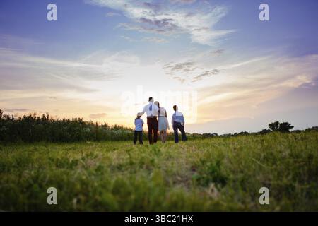 Mother, father and two sons walk in the field and spend the sun, view from back Stock Photo