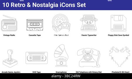 10 retro and nostalgia line icons set of vintage technology and media Stock Vector
