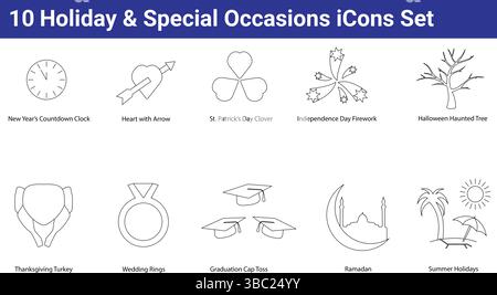 10 holiday and special occasions line icons set for celebrations and events Stock Vector