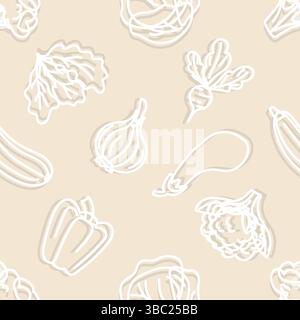 White outline vegetable pattern on beige background Stock Vector