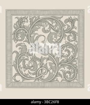 floral ornament with antique frame, Vintage engraving drawing style illustration Stock Vector