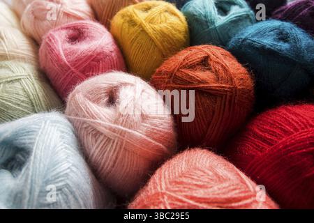 Colorful threads palette at shop. Knitting yarn for handmade winter clothes Stock Photo