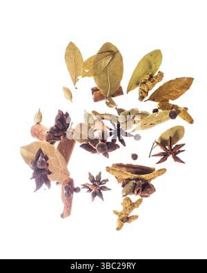 Flying spices isolated on white, volumetric composition Stock Photo