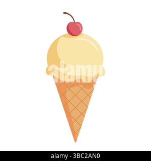 Vanilla ice cream waffle cone with cherry. Vector illustration. Isolated on transparent background Stock Vector
