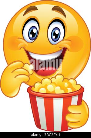 Happy emoji emoticon eating popcorn from a striped red and white bucket Stock Vector