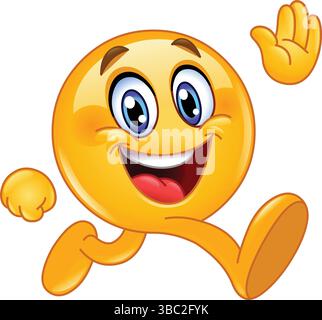 Happy emoji emoticon walking and waving with a big smile Stock Vector
