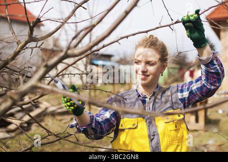Woman gardener pruning fruit trees with pruning shears. Young woman taking care of garden in early spring Stock Photo