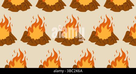 Seamless campfire pattern with flames and rocks Stock Vector