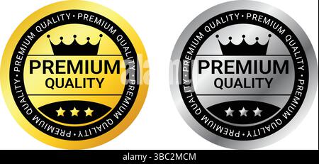 Set of two premium quality badges in gold and silver with crown and stars, used for trusted products and top features Stock Vector