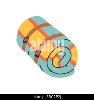 Simple camp blanket. Hand drawn cute cartoon illustration of camping blanket. Flat vector outdoor sleeping bag sticker in colored doodle style Stock Vector