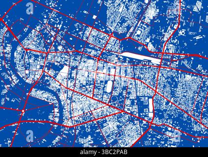 Vector city map of Bangkok, Thailand  blue-red-white street and building layout Stock Vector