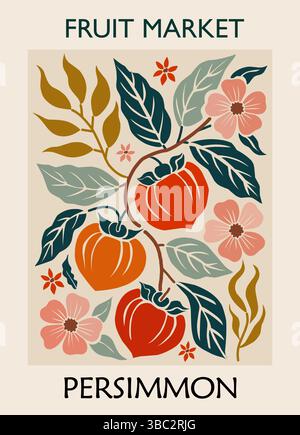 Abstract Fruit Market Persimmon retro art poster Stock Vector