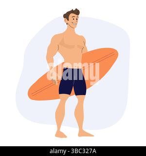 Smiling surfer holding his surfboard under his arm, enjoying the warmth of summer vacation while preparing for an exciting day of surfing in the vibra Stock Vector