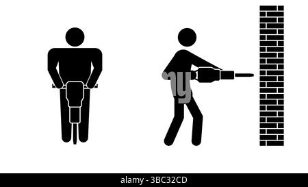 Set of stick figures, worker with a jackhammer, flat vector illustration. Stock Vector