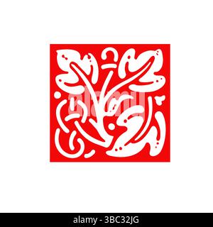 Red Abstract Floral Tile – Handmade Decorative Vector Icon Design Stock Vector