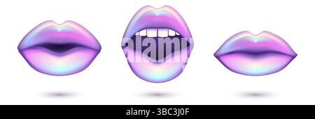 Shiny holographic 3d female lips icons set isolated on white background. Abstract glossy plastic design elements for beauty salon, makeup cosmetics la Stock Vector