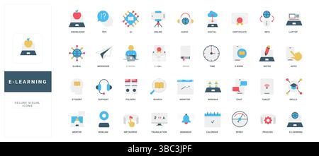 E learning, online study and distance education, video tutorial, lesson and seminar for student color icon set. Ebook and quiz, test and knowledge, AI and skills training flat vector illustration Stock Vector