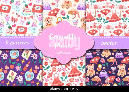 Girly coquette style picnic vector patterns with bows, fans, dresses, teddy bears, strawberries and hearts. Trendy set for packaging, decor and Stock Vector