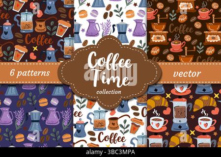 Warm hand-drawn coffee vector patterns in rich colors with cups, coffee makers, beans, leaves and desserts. Perfect for cafés, packaging, textiles Stock Vector