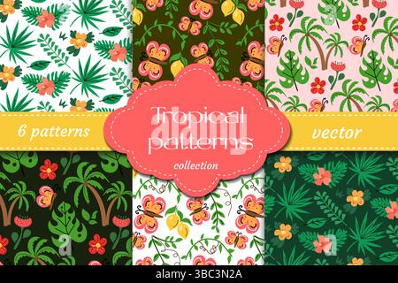 Colorful tropical seamless patterns with palm trees, butterflies, flowers and exotic leaves. Perfect for summer, vacation, packaging, fabric and beach Stock Vector