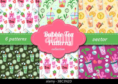 Cute and playful bubble tea vector patterns with tapioca pearls, drinks, straws, fruit and sweets. Great for packaging, fabric, stationery and Kawaii Stock Vector