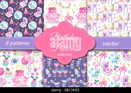 Cute and colorful birthday vector patterns with cakes, disco balls, gifts, champagne, balloons and sweets. Perfect for kids, party decor, wrapping and Stock Vector