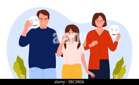 Family members holding masks reveal hidden emotions and strained relationships. Concept of deception and emotional abuse on isolated background vector illustration Stock Vector