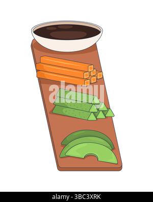 Vegetable platter with dip on wooden board 2D cartoon object Stock Vector