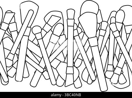 Makeup brushes Seamless horizontal border. Vector graphic line illustration. Black and white cute cosmetic makeup art. illustration for package, vacat Stock Vector