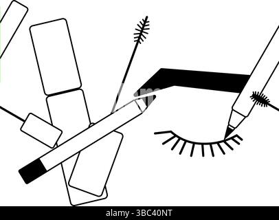 Eye makeup Seamless horizontal border. Vector graphic line illustration. Black and white cute cosmetic makeup art. Banner, poster, wrapping paper, sti Stock Vector