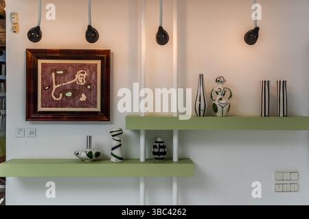 Exhibition of ceramic objects on shelves at the César Manrique Foundation in Lanzarote. Calle Jorge Luis Borges, Teguise, Canarias, Spain Stock Photo