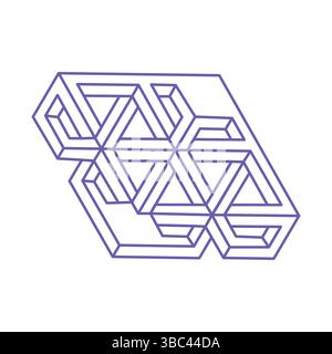 Impossible shapes, optical illusion, vector. Optical art objects. Logo. Geometric figures. Tattoo in trendy 2022 Very Peri color. Stock Vector