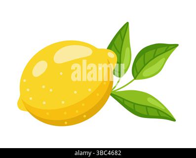 Bright Isolated Lemon with Green Leaf, Flat Style Stock Vector
