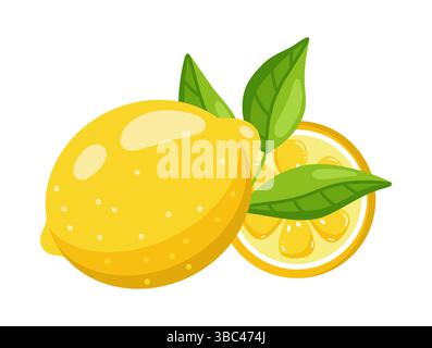 Bright Lemon with Green Leaf and Slice, Flat style Stock Vector