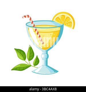 Lemonade in Glass with Lemon Slice and green leaf Stock Vector